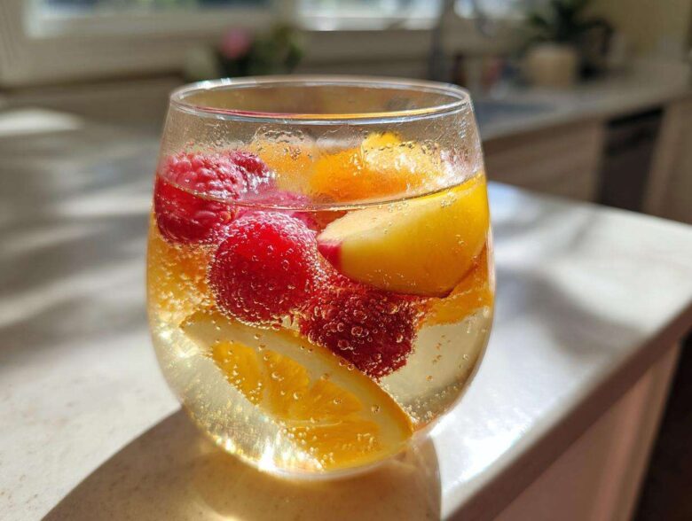 Close-up of a glass filled with bubbling White Peach Sangria, featuring raspberries, orange slices, and peach pieces.