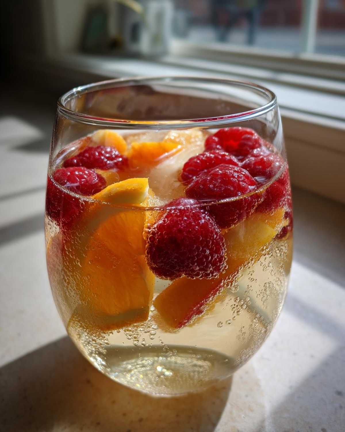 A close-up of a glass filled with bubbly White Peach Sangria, garnished with bright red raspberries and orange slices.
