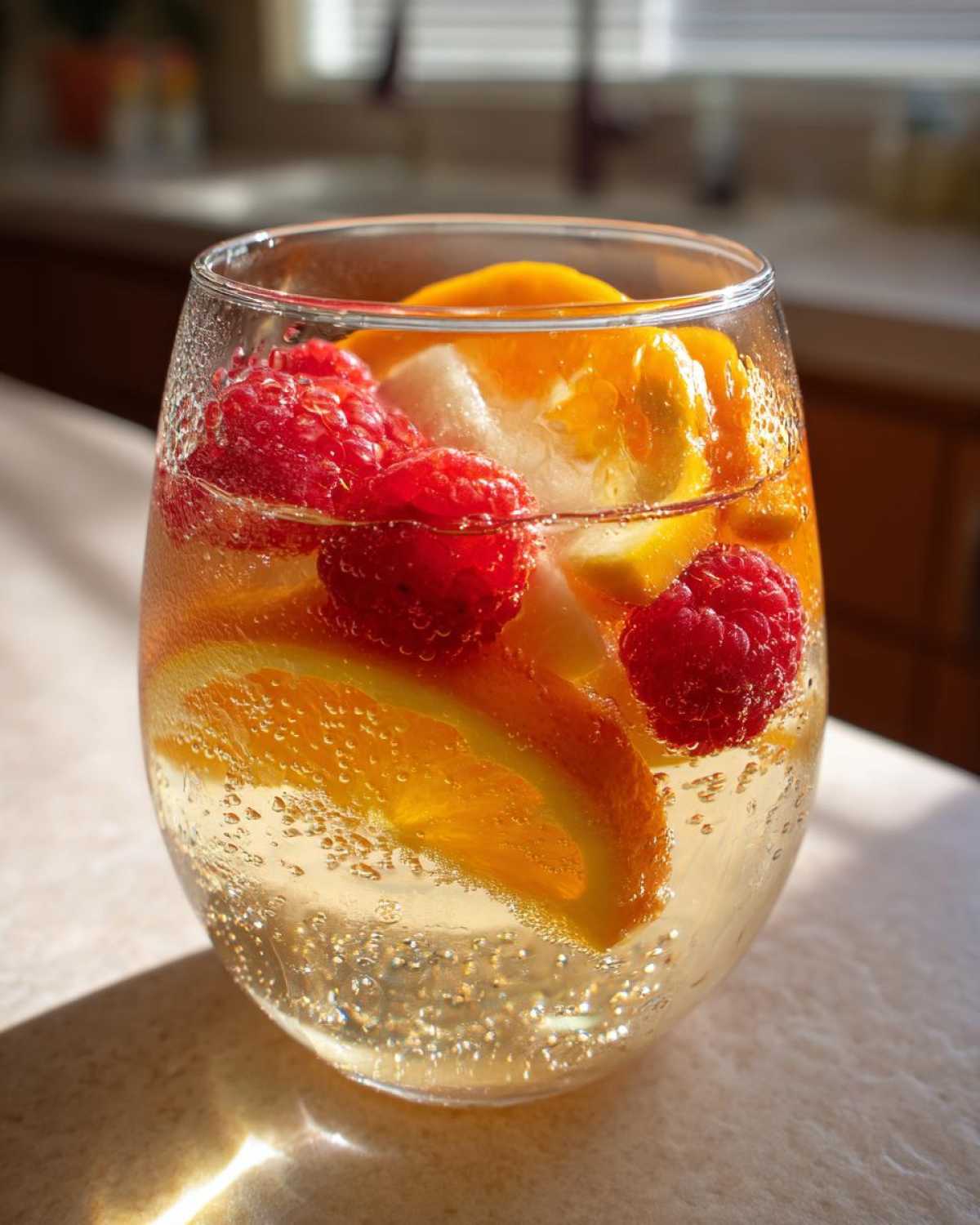 A glass filled with bubbly White Peach Sangria, garnished with bright orange slices and red raspberries.