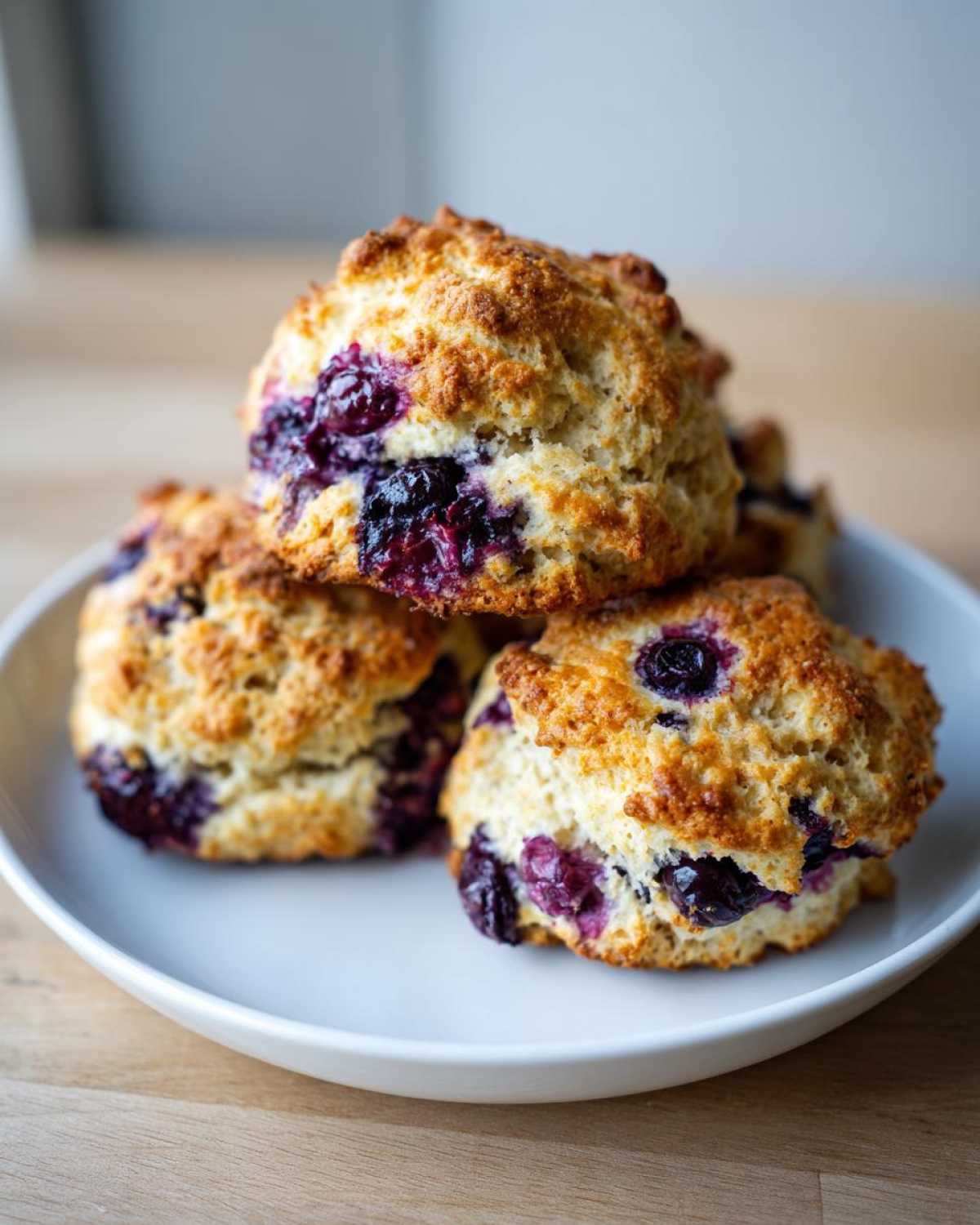 A close-up of three golden-brown Blueberry Scones stacked on a white plate, showing visible, juicy blueberries.