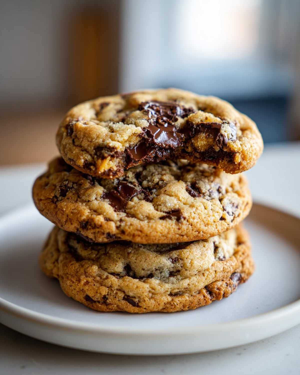 A stack of three thick, golden Chocolate Chip Cookies, with the top one having a bite taken out showing melted chocolate.