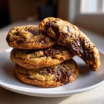 A tempting stack of three thick, golden-brown Chocolate Chip Cookies with visible melted chocolate oozing out.