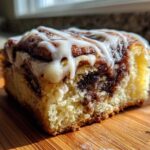 Close-up of a single, gooey square of Cinnamon Roll Bliss Bars with white icing drizzled on top.