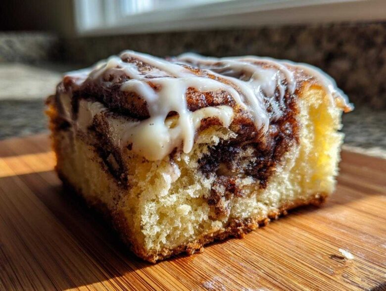 Close-up of a single, gooey square of Cinnamon Roll Bliss Bars with white icing drizzled on top.