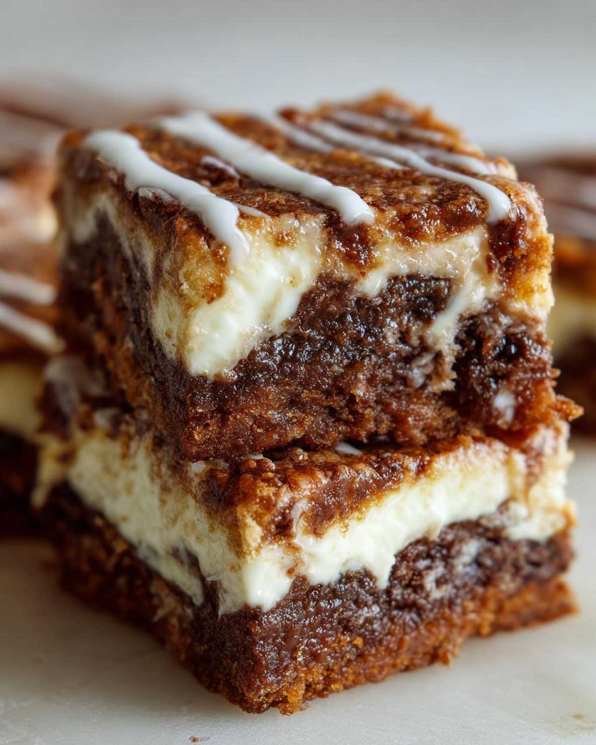 Two stacked, gooey Cinnamon Roll Bliss Bars featuring a dark brown base, a thick cream cheese layer, and white icing drizzle.