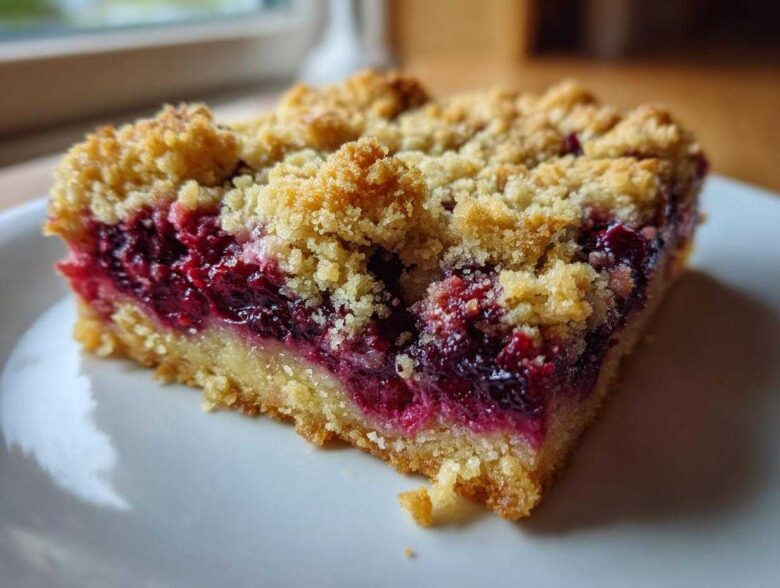 A single serving of vibrant, layered lemon berry dessert squares featuring a thick fruit filling and golden crumb topping.