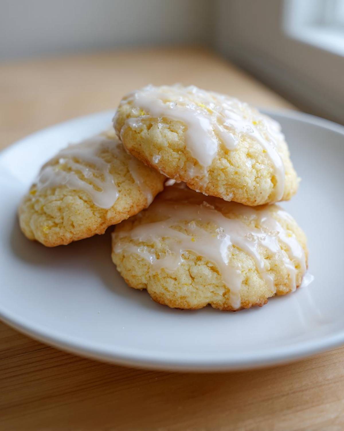 Close-up of three soft Lemon Ricotta Cookies stacked on a white plate, drizzled with lemon glaze and sprinkled with sugar.