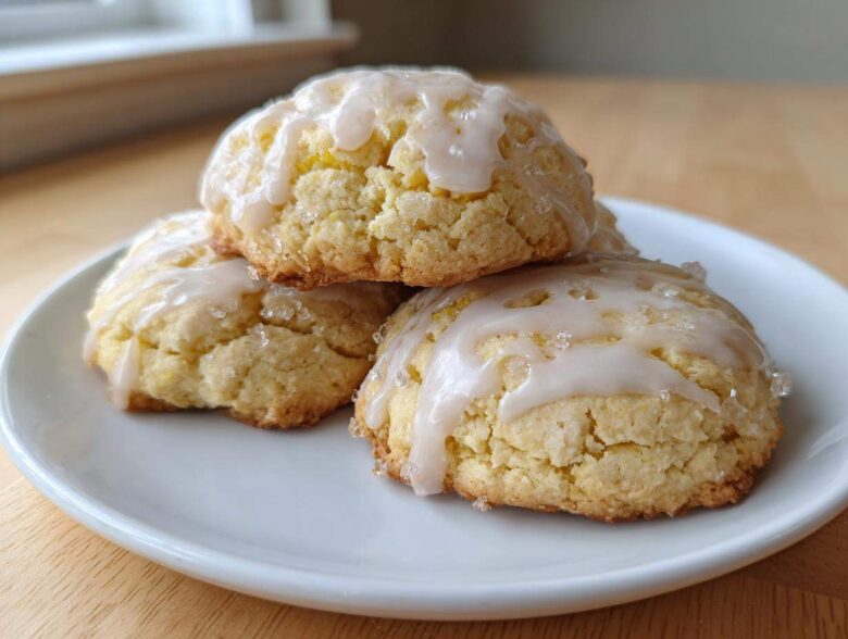 Close-up of three soft Lemon Ricotta Cookies stacked on a white plate, drizzled with lemon glaze and coarse sugar.