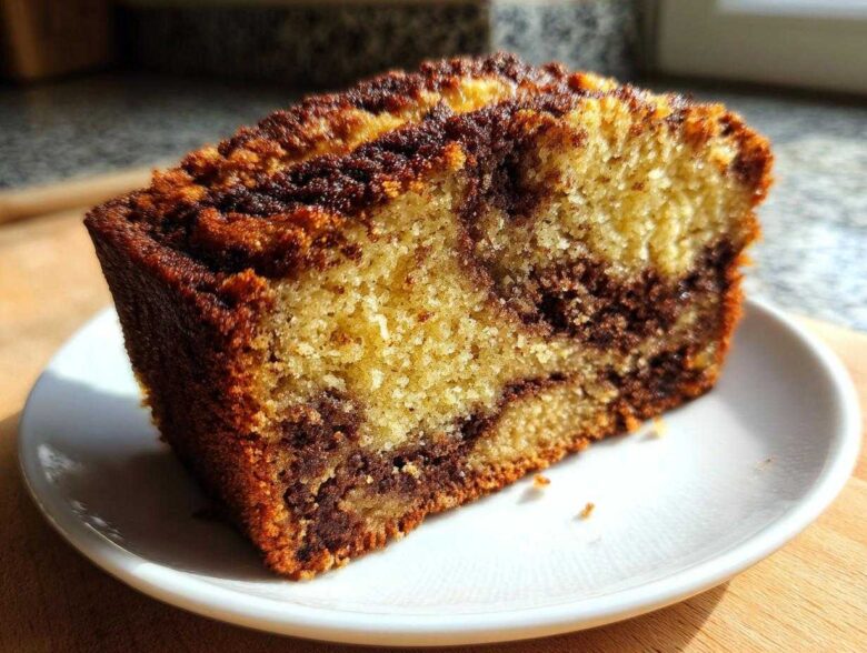 Close-up of a moist slice of marbled Apple Cinnamon Bread showing swirls of light and dark batter on a white plate.