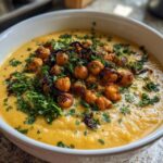 A close-up of a bowl of creamy orange Chickpea Potato Soup topped with roasted chickpeas and fresh parsley.