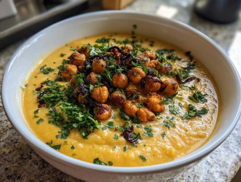 A close-up of a bowl of creamy orange Chickpea Potato Soup topped with roasted chickpeas and fresh parsley.