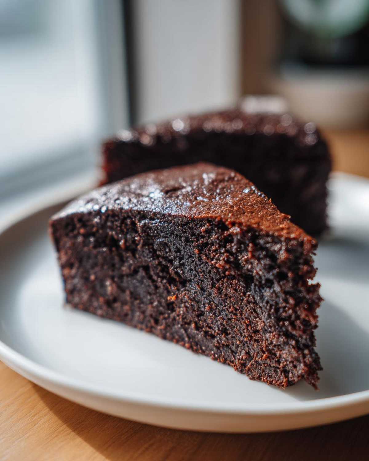 Close-up of a rich, dark slice of Gluten Free Chocolate Cake dusted with powdered sugar on a white plate.
