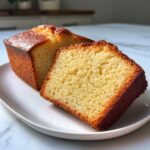 A close-up of a rich, golden slice cut from a homemade pound cake, showing its dense, moist texture.