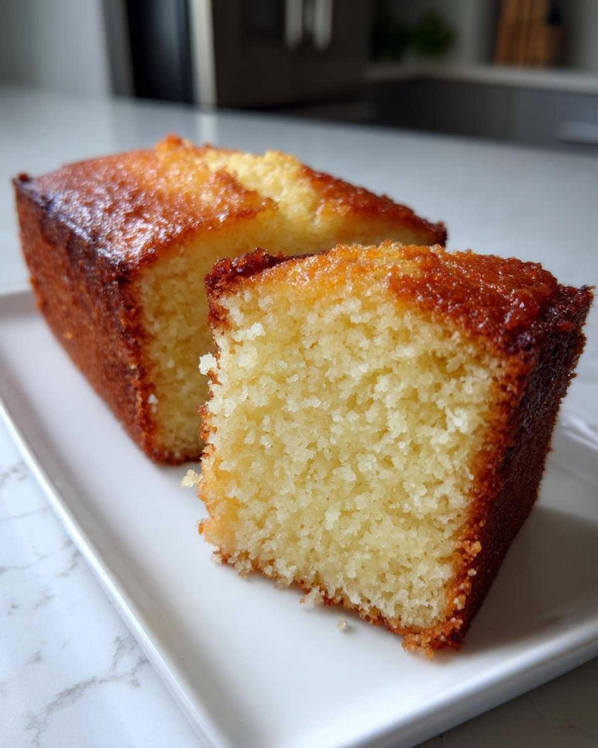 A slice of moist, golden pound cake sits next to the remaining loaf on a white platter.