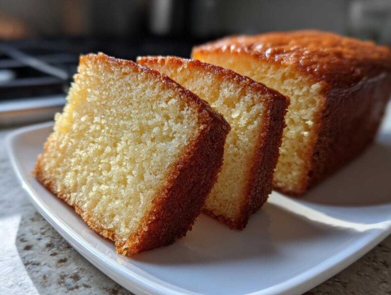 Close-up of three moist slices of golden pound cake served on a white plate.