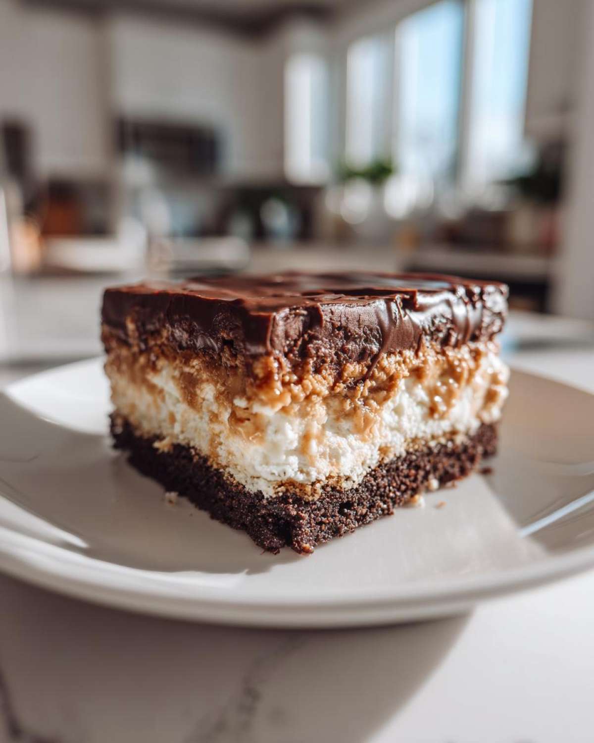Close-up of a rich slice of Peanut Butter Chocolate Lasagna showing distinct layers of chocolate crust, cream, peanut butter filling, and ganache.