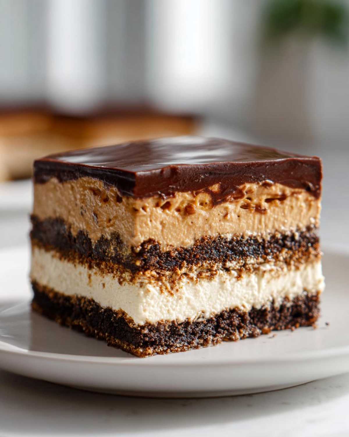 A perfect square slice of Peanut Butter Chocolate Lasagna showing four distinct layers: chocolate crust, cream cheese, peanut butter mousse, and chocolate ganache.