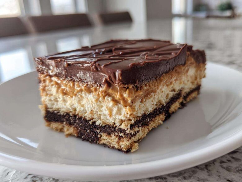 A thick, layered slice of Peanut Butter Chocolate Lasagna dessert on a white plate.