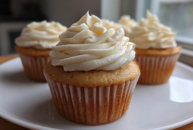 A close-up of a perfect vanilla cupcake with tall, swirled cream frosting, sitting on a white plate with more cupcakes blurred in the background.