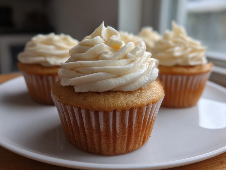 A close-up of a perfect vanilla cupcake with tall, swirled cream frosting, sitting on a white plate with more cupcakes blurred in the background.