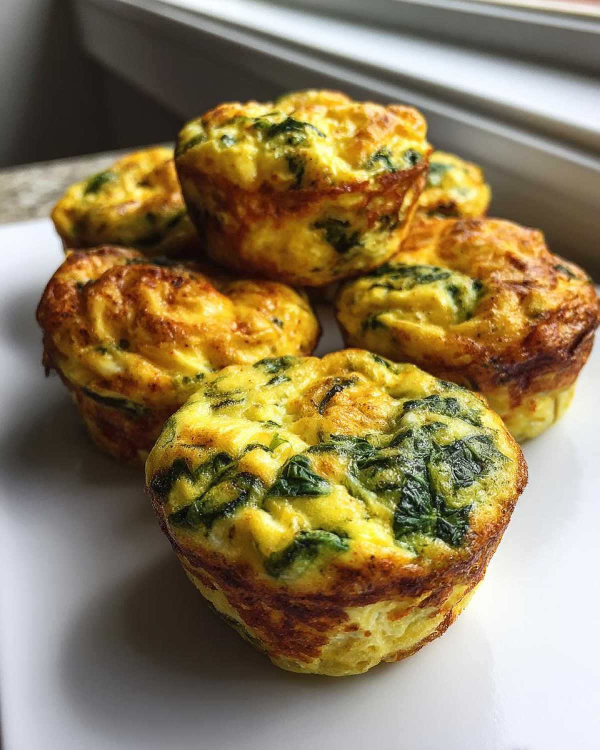 A stack of freshly baked, fluffy Protein Egg Bites with visible spinach pieces on a white plate.