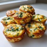 A stack of freshly baked, fluffy Protein Egg Bites mixed with green spinach, perfect for meal prep.