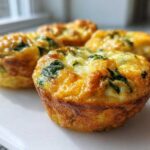Four golden-brown, fluffy Protein Egg Bites with visible spinach baked in a muffin shape on a white surface.