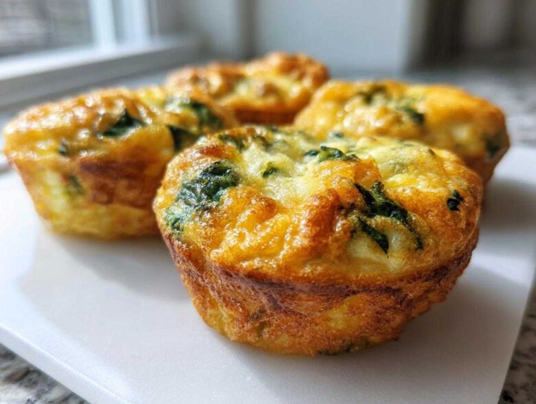 Four golden-brown, fluffy Protein Egg Bites with visible spinach baked in a muffin shape on a white surface.