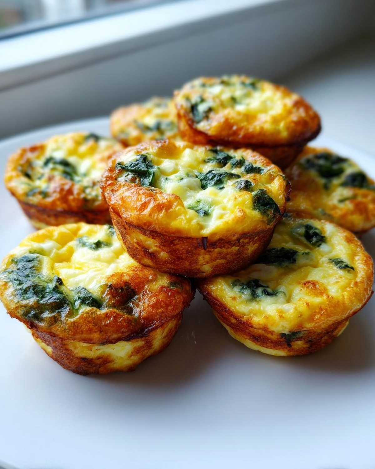 A stack of fluffy Protein Egg Bites Fluffy Perfect For Meal Prep, featuring visible spinach pieces, sitting on a white plate.