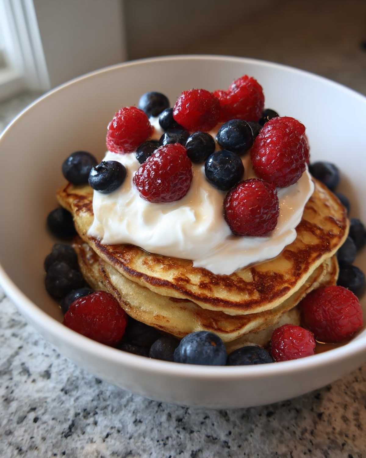 A stack of golden Protein Pancake Bowls with Yogurt and Berries, topped with white yogurt, raspberries, and blueberries.