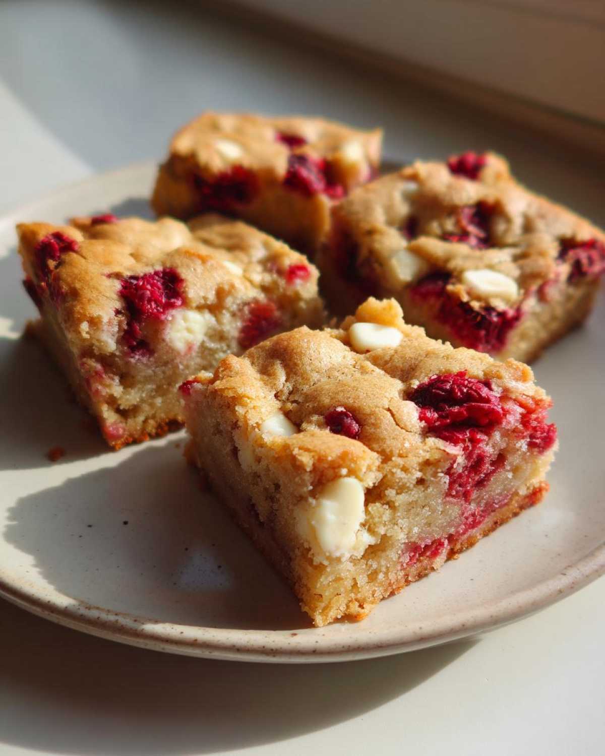 Four squares of gooey Raspberry White Chocolate Blondies featuring bright red raspberries and white chocolate chunks on a ceramic plate.
