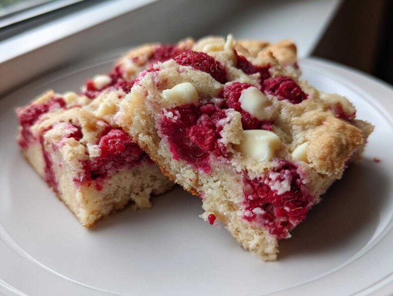 Two moist squares of Raspberry White Chocolate Blondies, studded with bright red raspberries and chunks of white chocolate, served on a white plate.