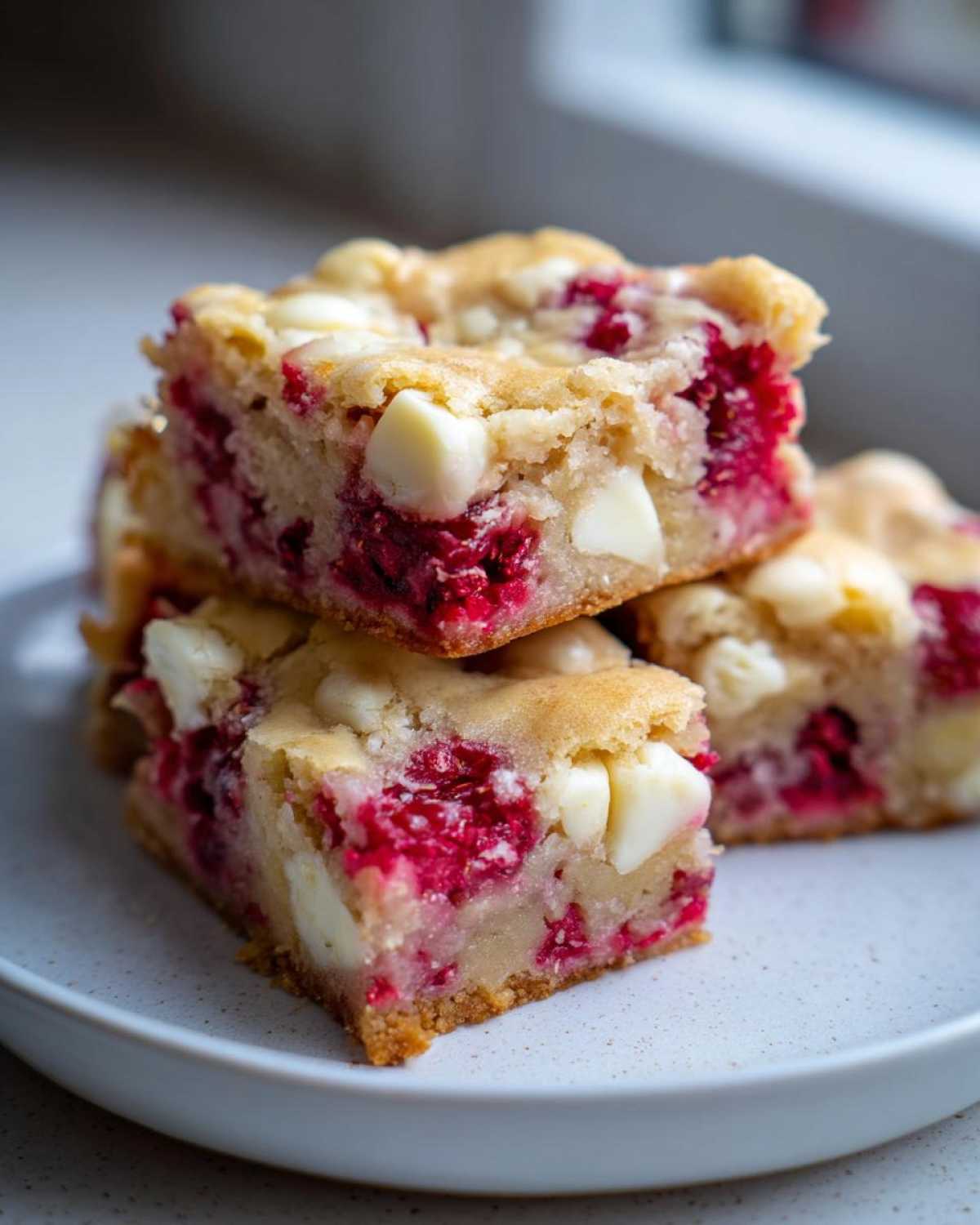 Close-up of stacked Raspberry White Chocolate Blondies featuring bright red raspberries and chunks of white chocolate.