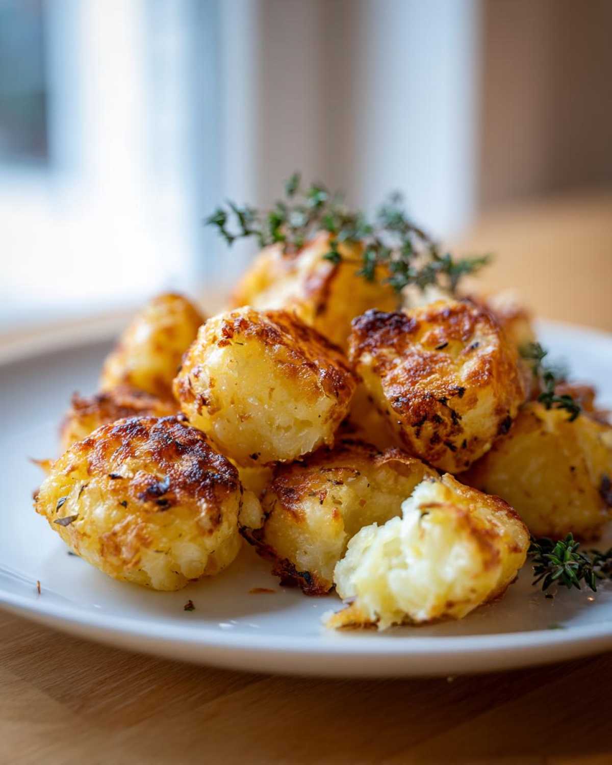A close-up of perfectly crispy Simple Irish Roasted Potatoes garnished with fresh thyme sprigs on a white plate.