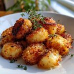 A pile of golden brown, crispy Simple Irish Roasted Potatoes garnished with fresh thyme sprigs on a white plate.