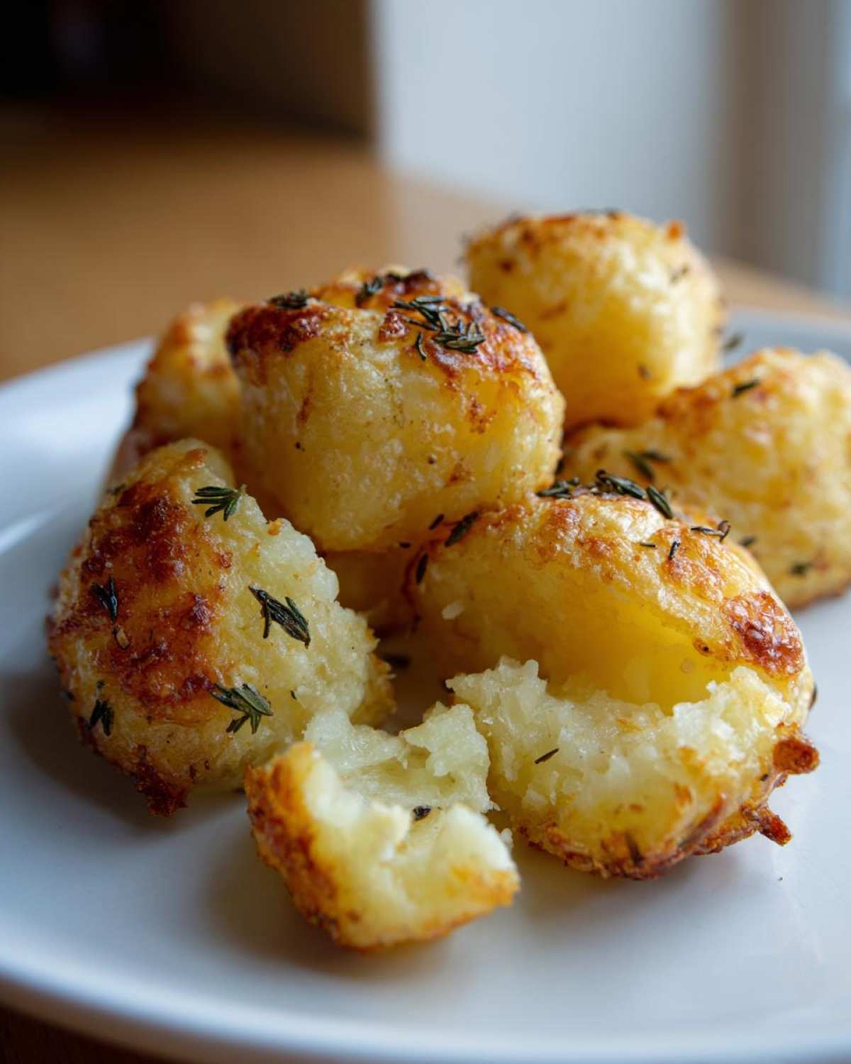 Close-up of golden brown, fluffy Simple Irish Roasted Potatoes seasoned with herbs on a white plate.