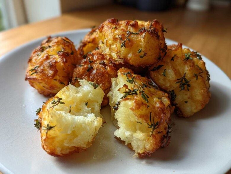 Close-up of perfectly cooked Simple Irish Roasted Potatoes, golden brown and fluffy inside, garnished with fresh thyme.