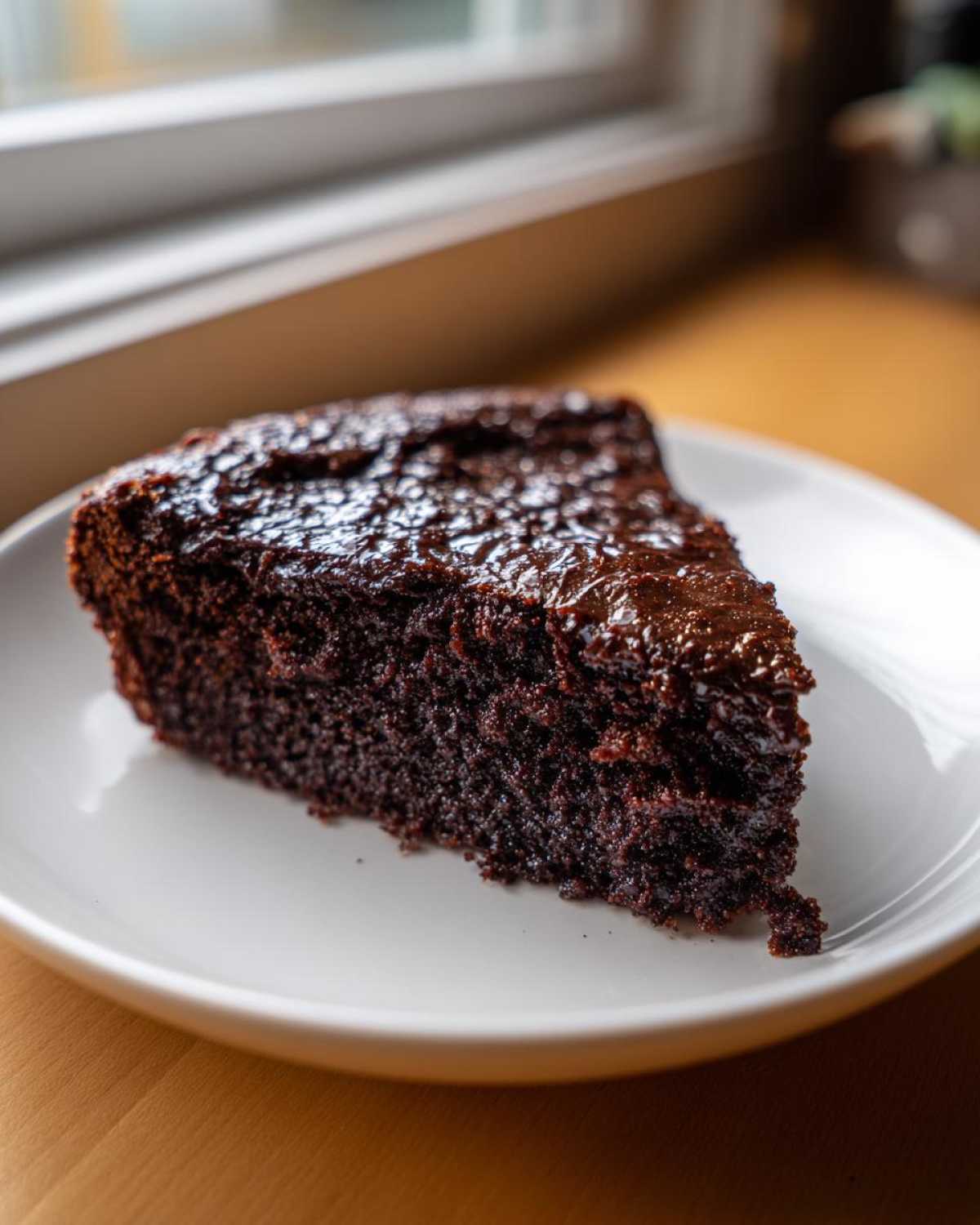 A close-up of a rich, dark slice of Gluten Free Chocolate Cake with a shiny chocolate glaze on a white plate.