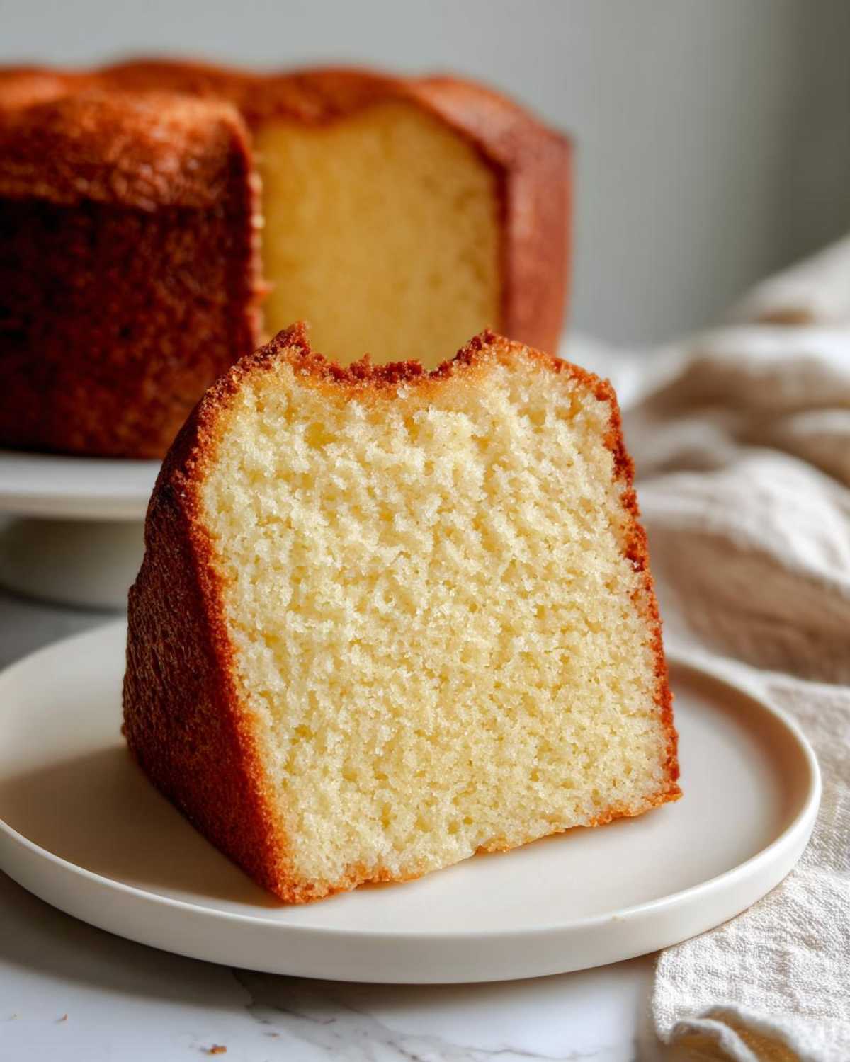 Close-up of a thick slice of moist pound cake on a white plate, with the rest of the pound cake visible in the background.