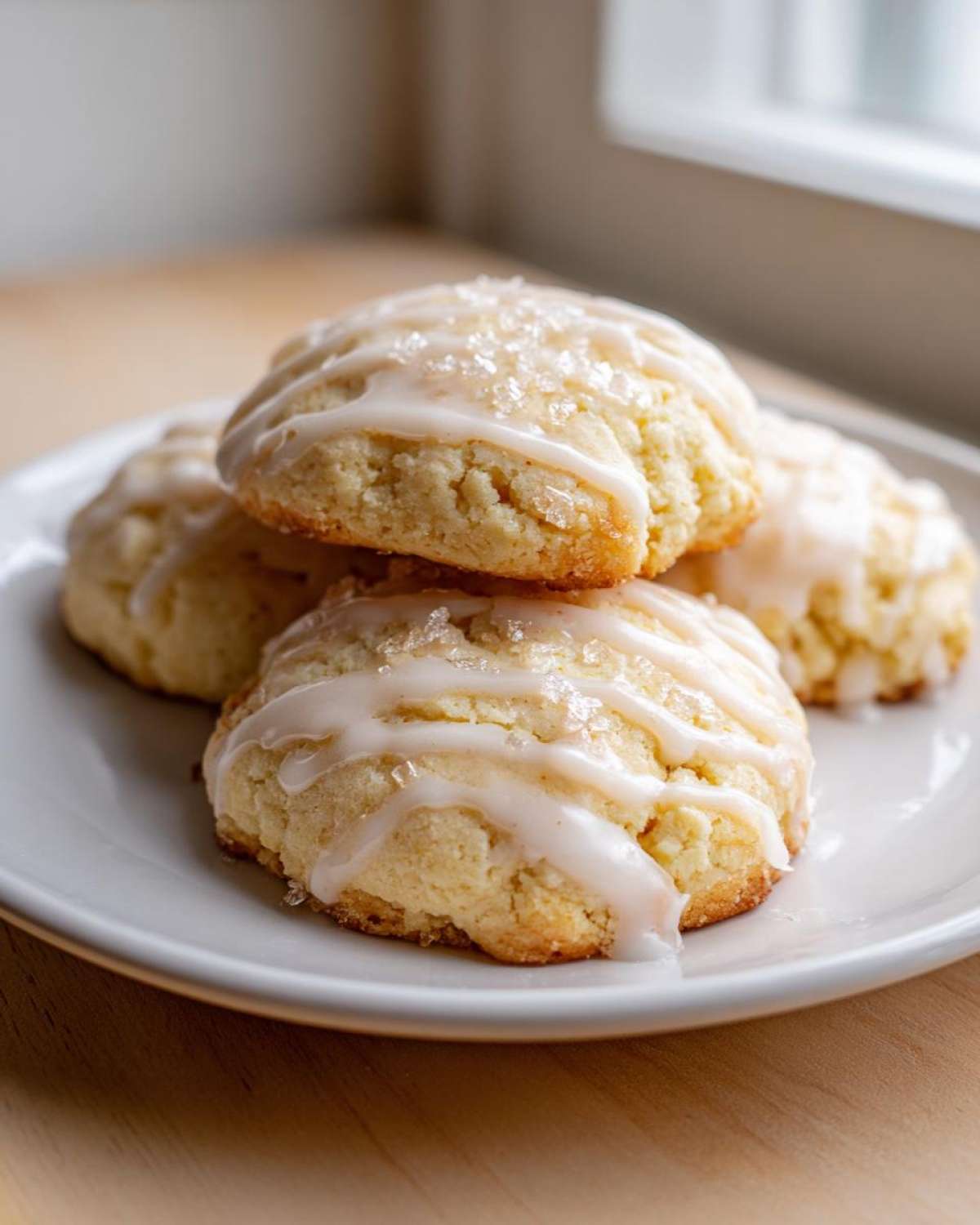 Close-up of soft Lemon Ricotta Cookies stacked on a white plate, drizzled with glaze and coarse sugar.