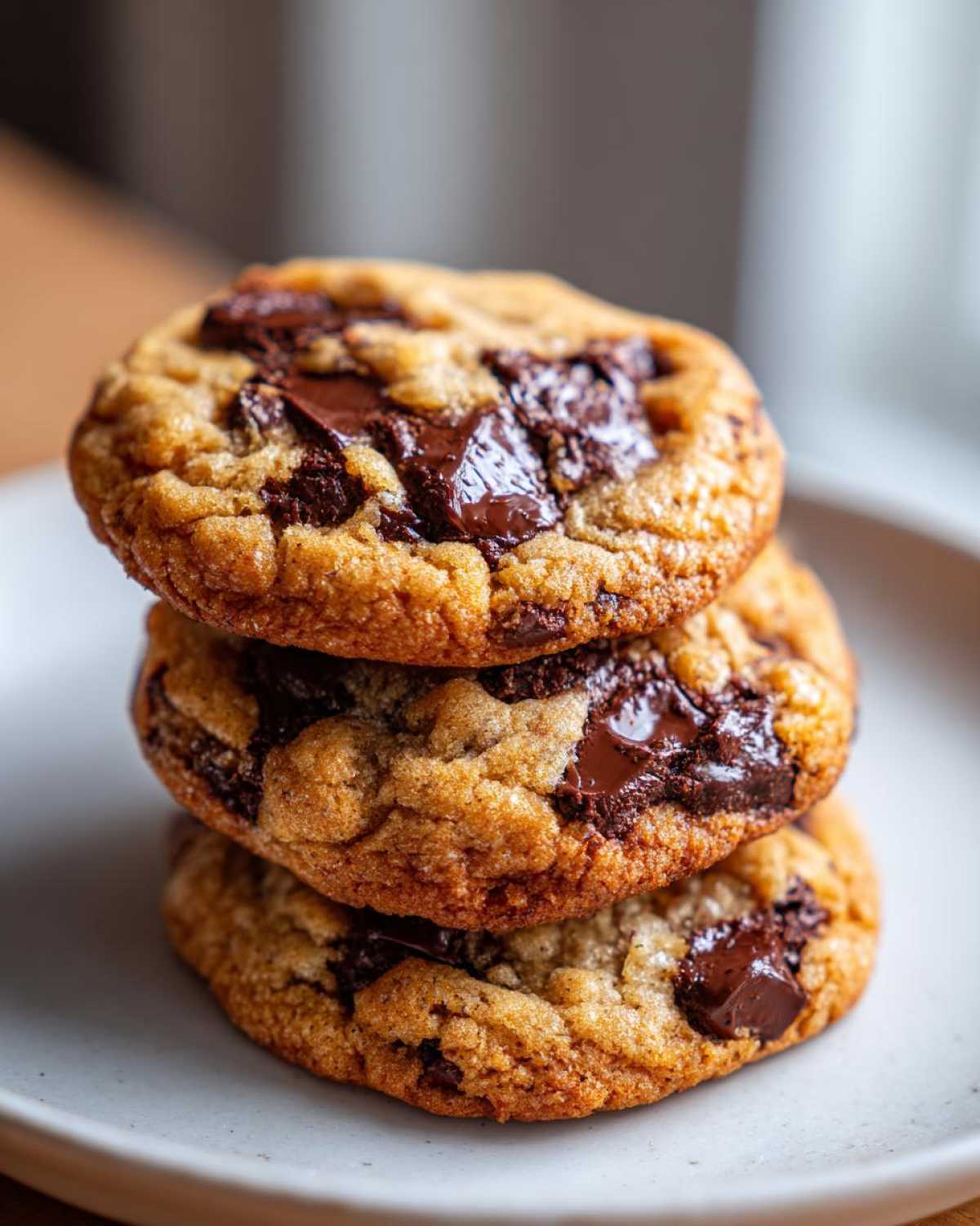 A vertical stack of three perfectly baked Chocolate Chip Cookies with melted chocolate chunks.