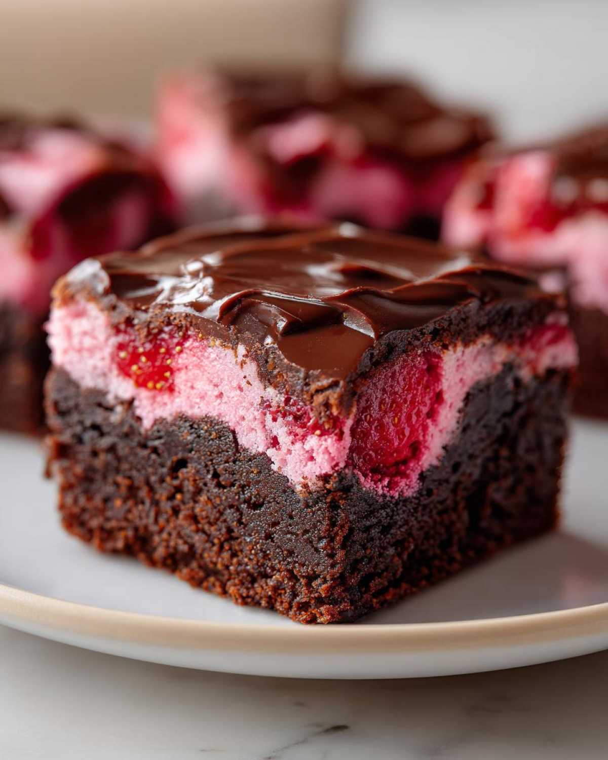 A single square of rich Strawberry Brownies featuring a dark chocolate base, pink strawberry swirl layer, and glossy chocolate topping.