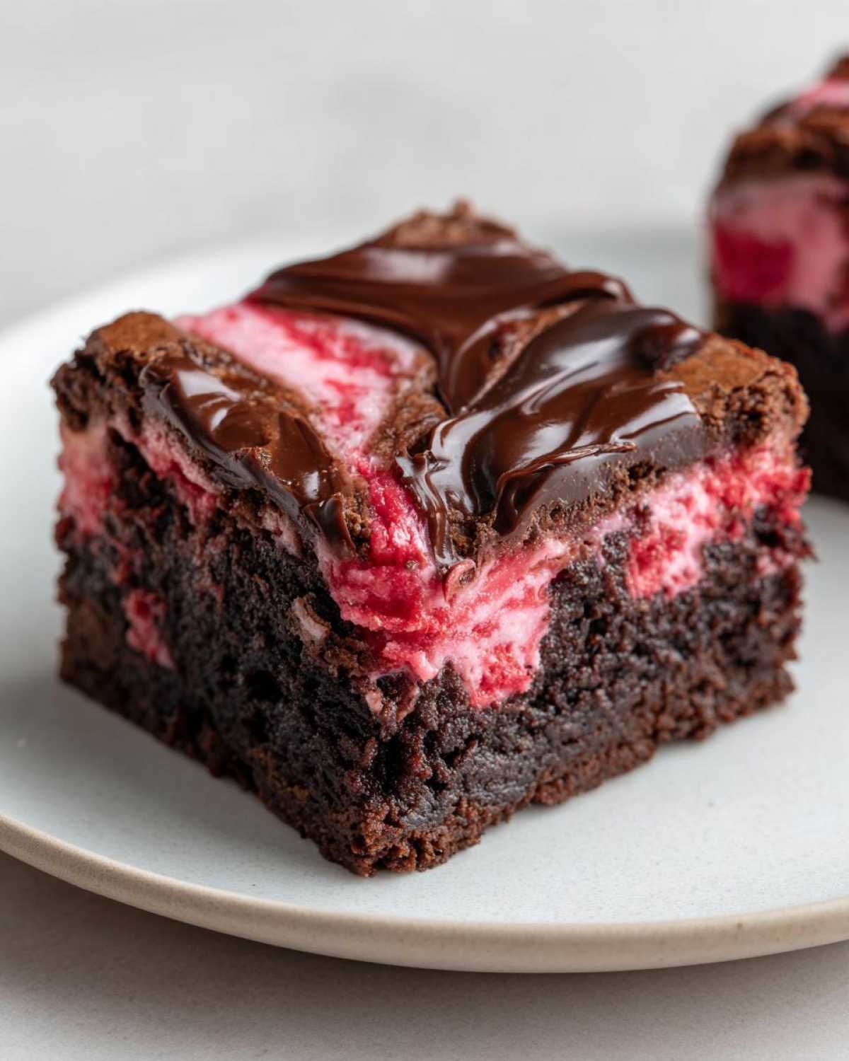 A decadent square of Strawberry Brownies featuring a rich chocolate base, pink strawberry swirl filling, and dark chocolate ganache topping.