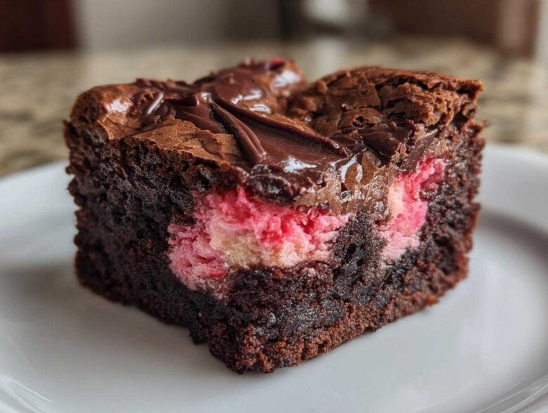 A single, rich square of Strawberry Brownies featuring a dense chocolate base and a bright pink strawberry swirl filling.