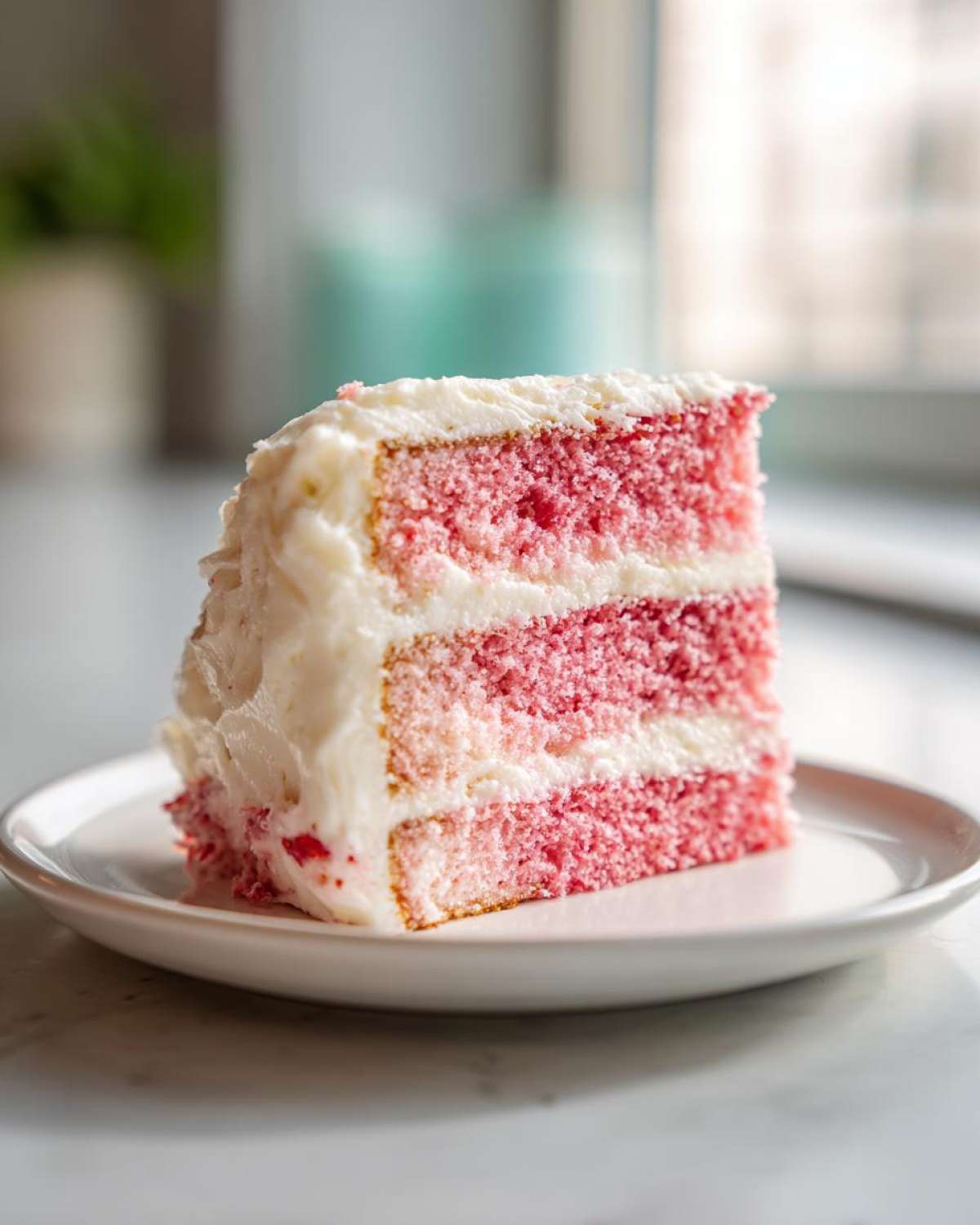 A tall slice of pink layered Strawberry Cake with Cream Cheese Frosting served on a white plate.