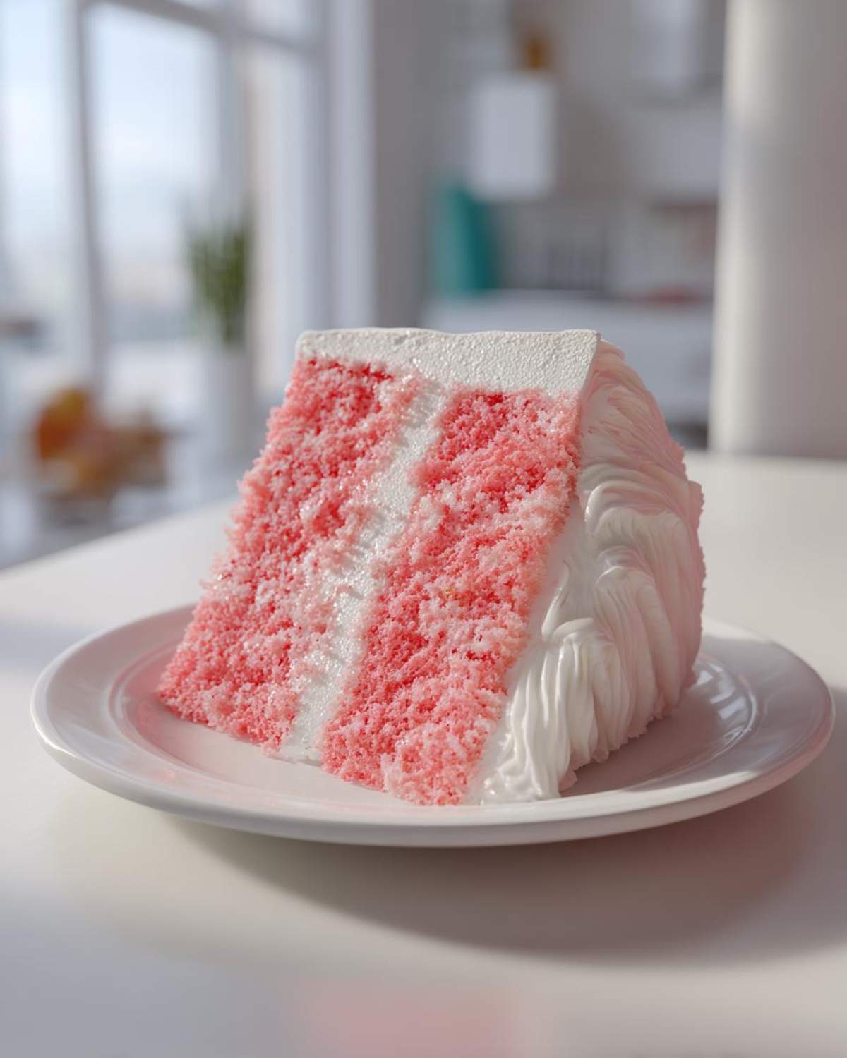 A close-up of a moist slice of pink Strawberry Cake with Cream Cheese Frosting layers on a white plate.