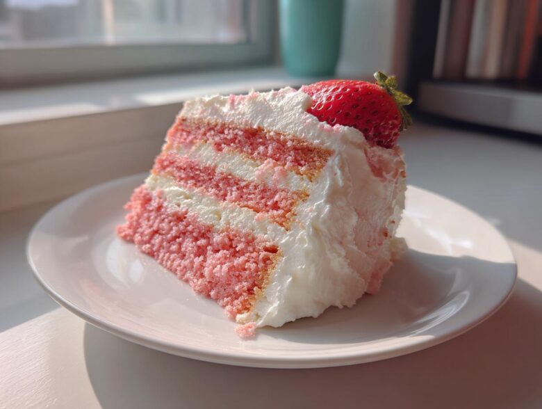 A perfect slice of layered Strawberry Cake with Cream Cheese Frosting, topped with a fresh strawberry.